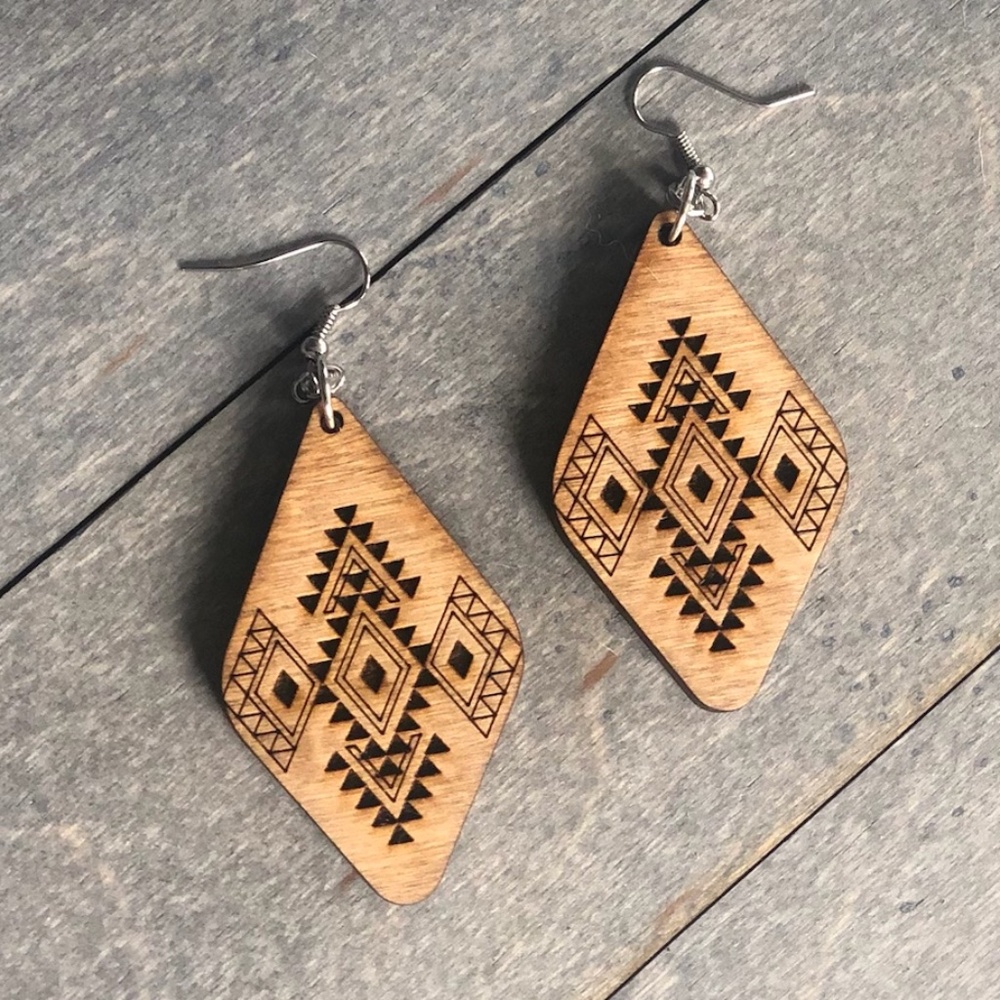 Handmade Wood Stained and Laser Cut & Engraved Large Dangle Earrings